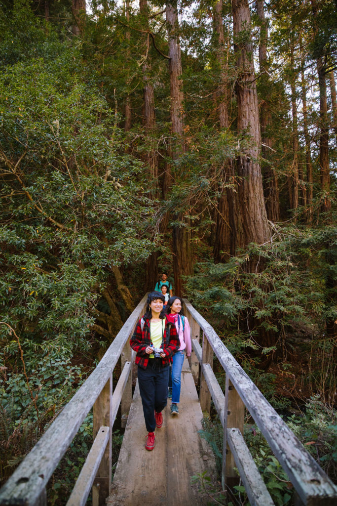 A diverse group of four young adults in colorful clothing cross a bridge in the redwoods.
